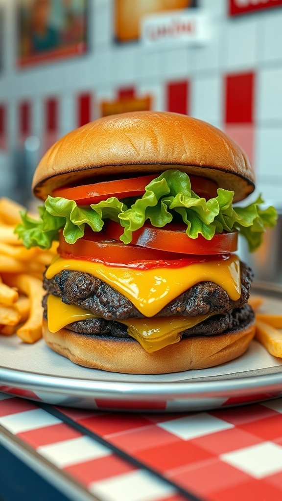 Classic 1960s Hamburger Recipe A classic 1960s hamburger with lettuce, tomato, pickles, and cheese on a toasted bun, served with fries.
